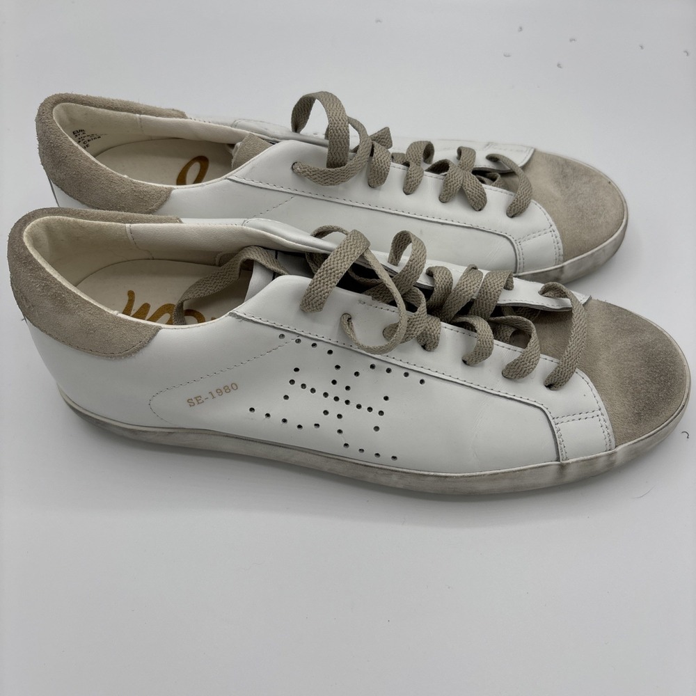 Sam Edelman Aubrie Leather Sneaker SE 1980 Distressed White Taupe Womens 7.5M